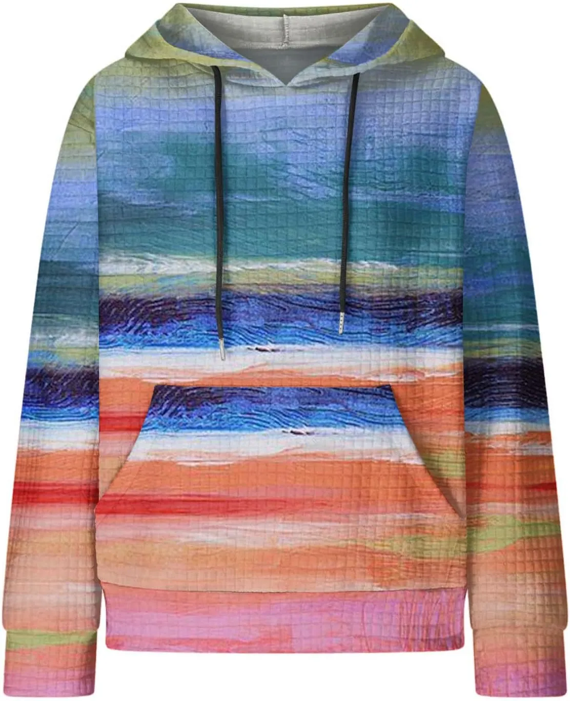 Womens Waffle Hoodies Casual Pullover Drawstring Long Sleeve Oversized Sweatshirts Spring Printed Tunic With Pockets