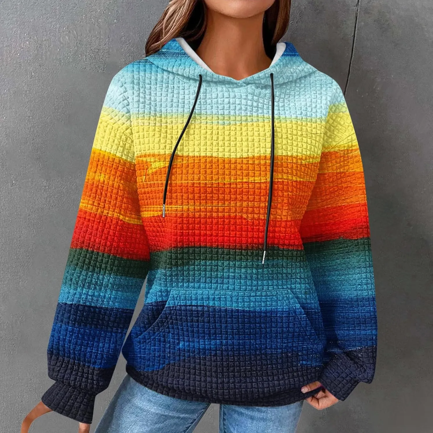 Womens Waffle Hoodies Casual Pullover Drawstring Long Sleeve Oversized Sweatshirts Spring Printed Tunic With Pockets