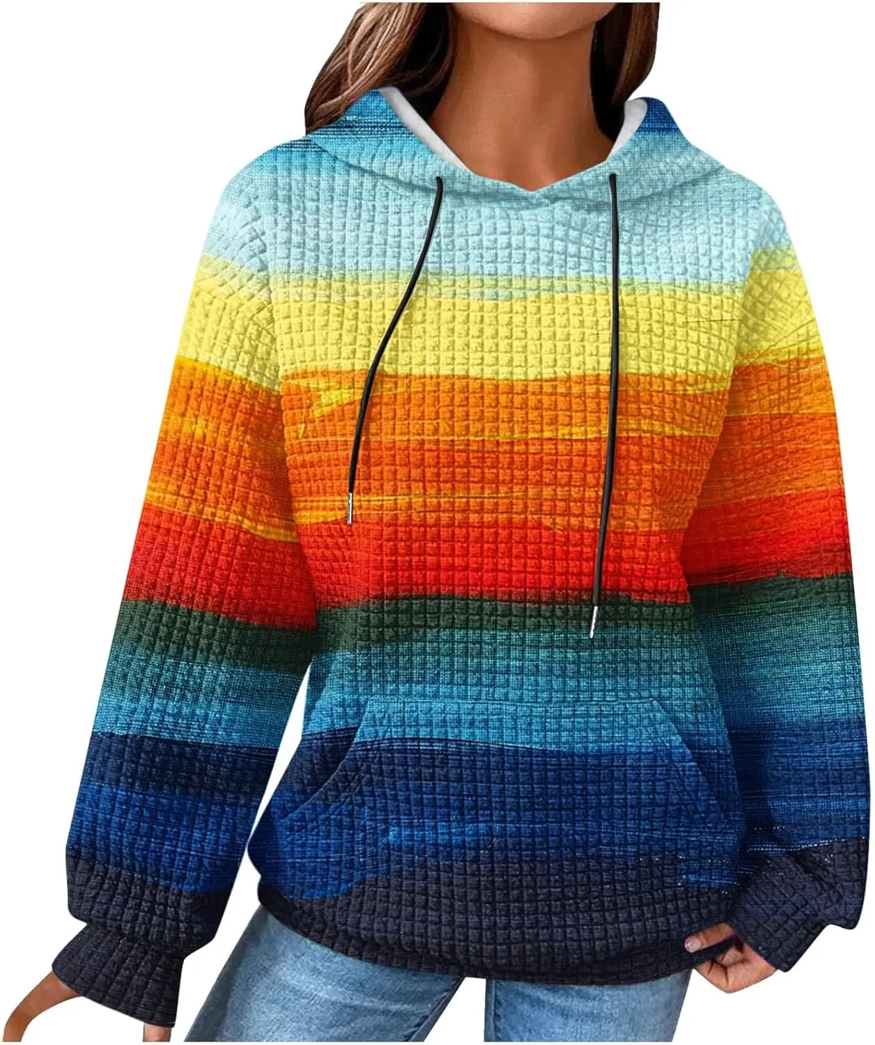 Womens Waffle Hoodies Casual Pullover Drawstring Long Sleeve Oversized Sweatshirts Spring Printed Tunic With Pockets