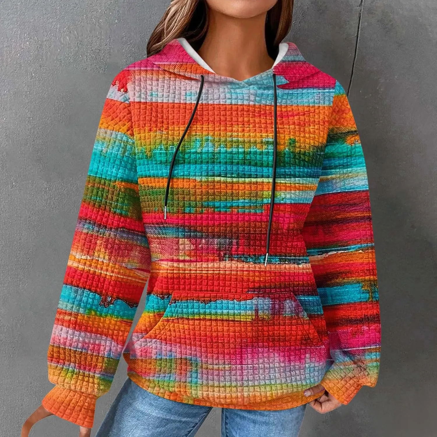 Womens Waffle Hoodies Casual Pullover Drawstring Long Sleeve Oversized Sweatshirts Spring Printed Tunic With Pockets