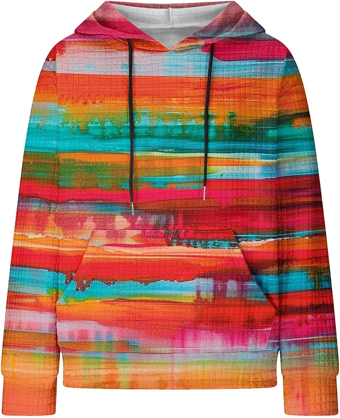 Womens Waffle Hoodies Casual Pullover Drawstring Long Sleeve Oversized Sweatshirts Spring Printed Tunic With Pockets