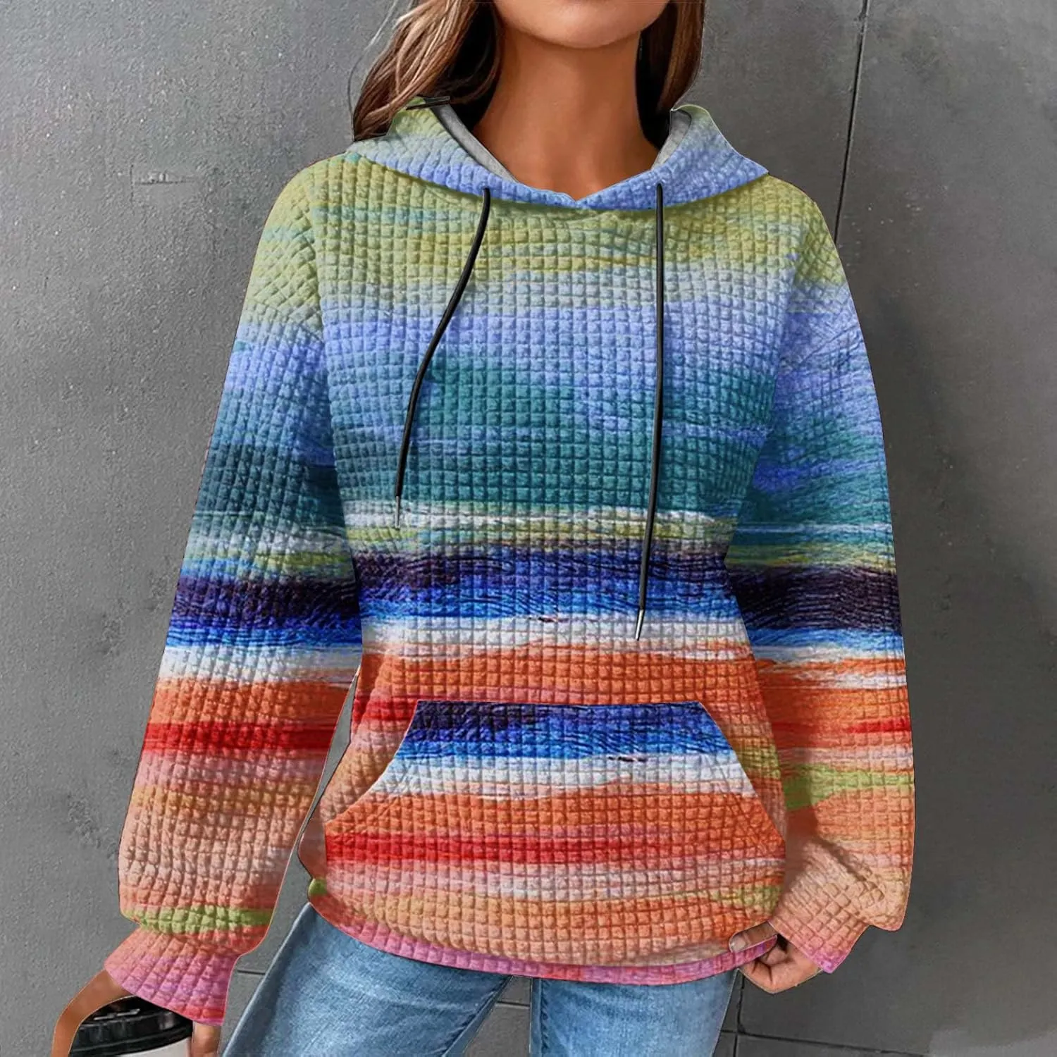 Womens Waffle Hoodies Casual Pullover Drawstring Long Sleeve Oversized Sweatshirts Spring Printed Tunic With Pockets