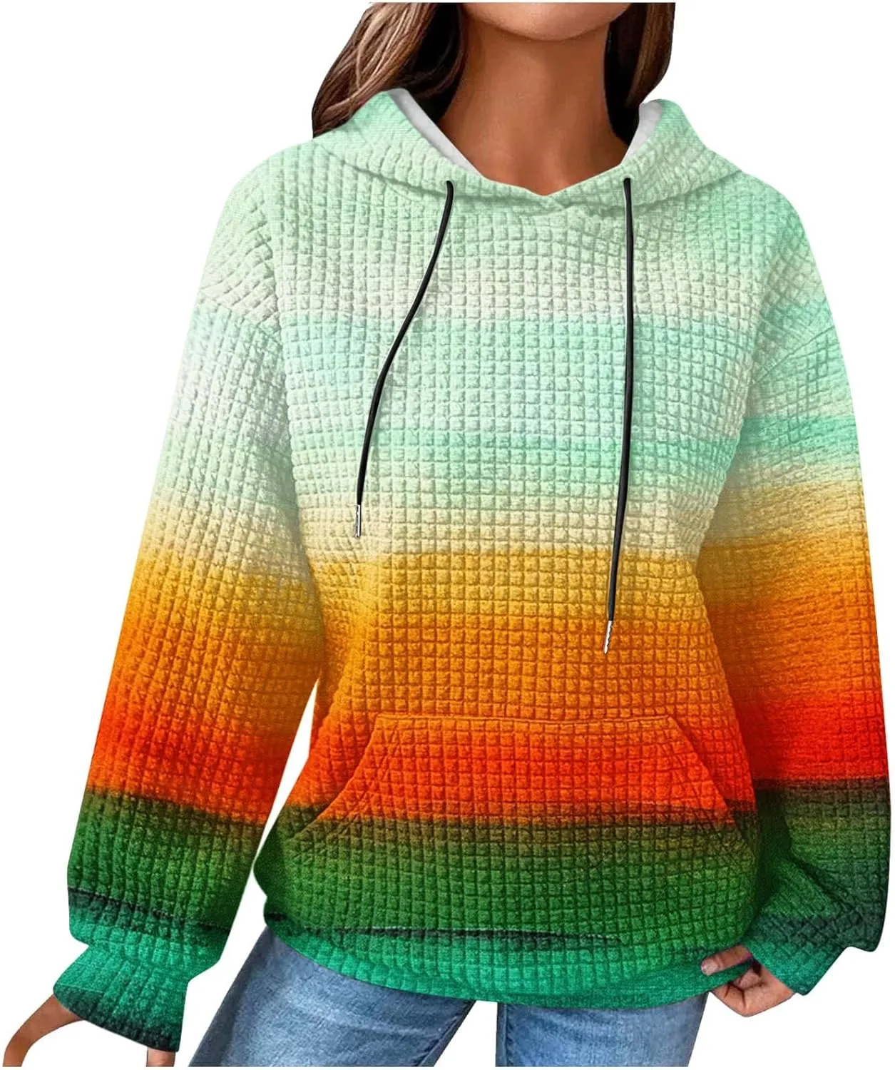 Womens Waffle Hoodies Casual Pullover Drawstring Long Sleeve Oversized Sweatshirts Spring Printed Tunic With Pockets