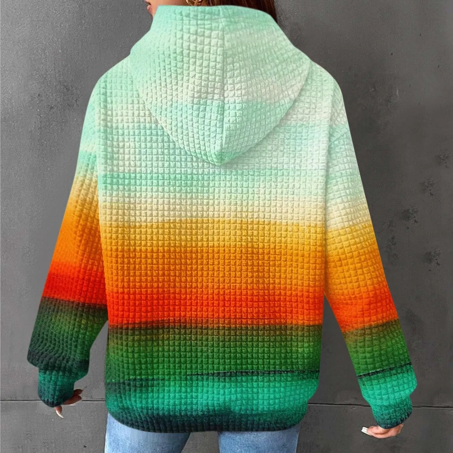 Womens Waffle Hoodies Casual Pullover Drawstring Long Sleeve Oversized Sweatshirts Spring Printed Tunic With Pockets