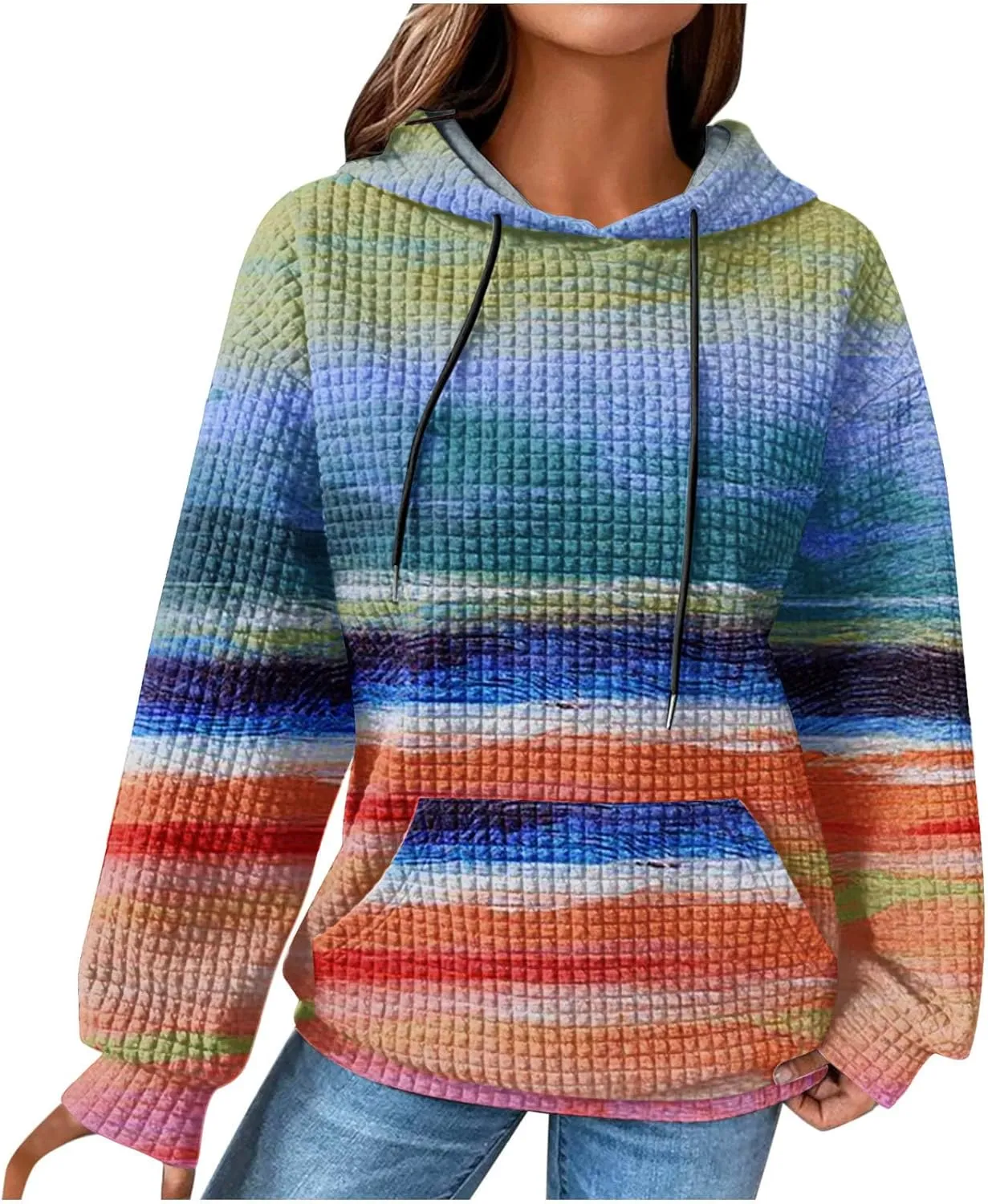 Womens Waffle Hoodies Casual Pullover Drawstring Long Sleeve Oversized Sweatshirts Spring Printed Tunic With Pockets