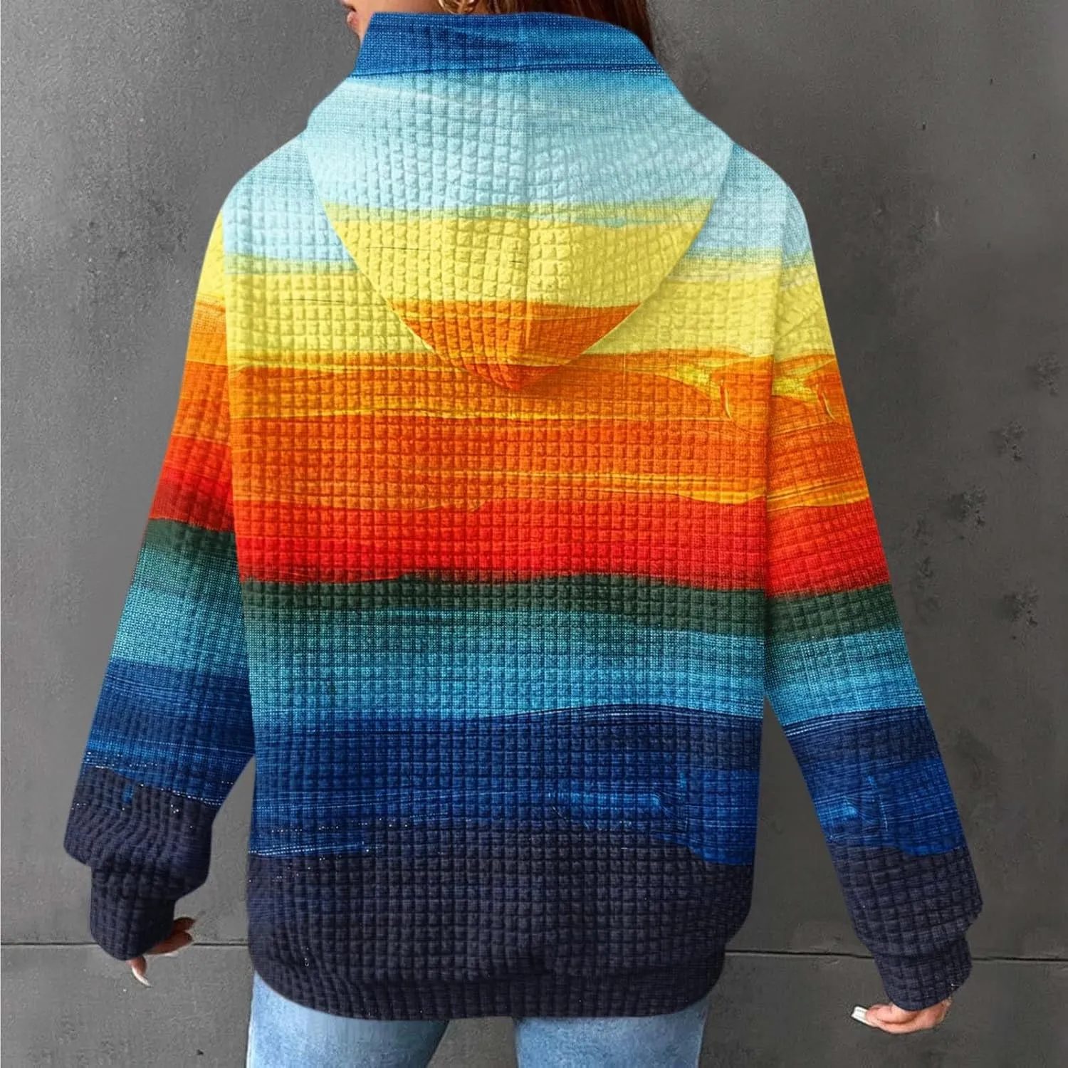 Womens Waffle Hoodies Casual Pullover Drawstring Long Sleeve Oversized Sweatshirts Spring Printed Tunic With Pockets