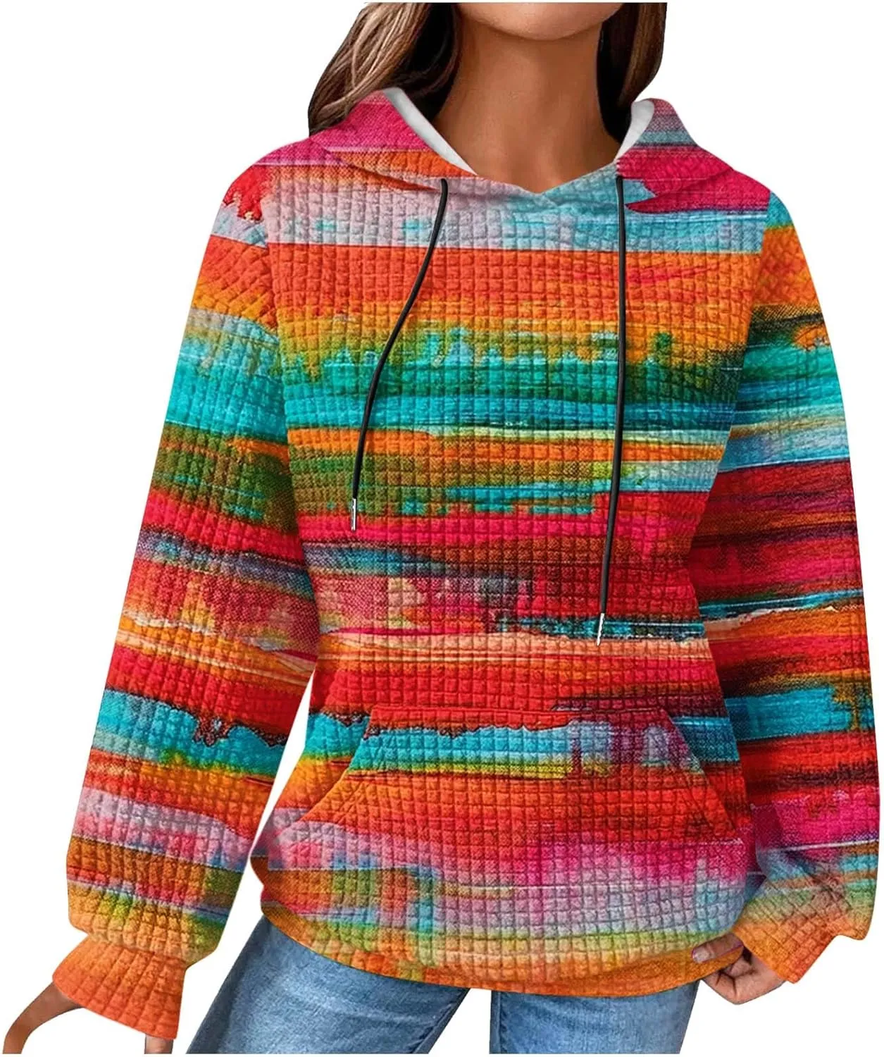 Womens Waffle Hoodies Casual Pullover Drawstring Long Sleeve Oversized Sweatshirts Spring Printed Tunic With Pockets