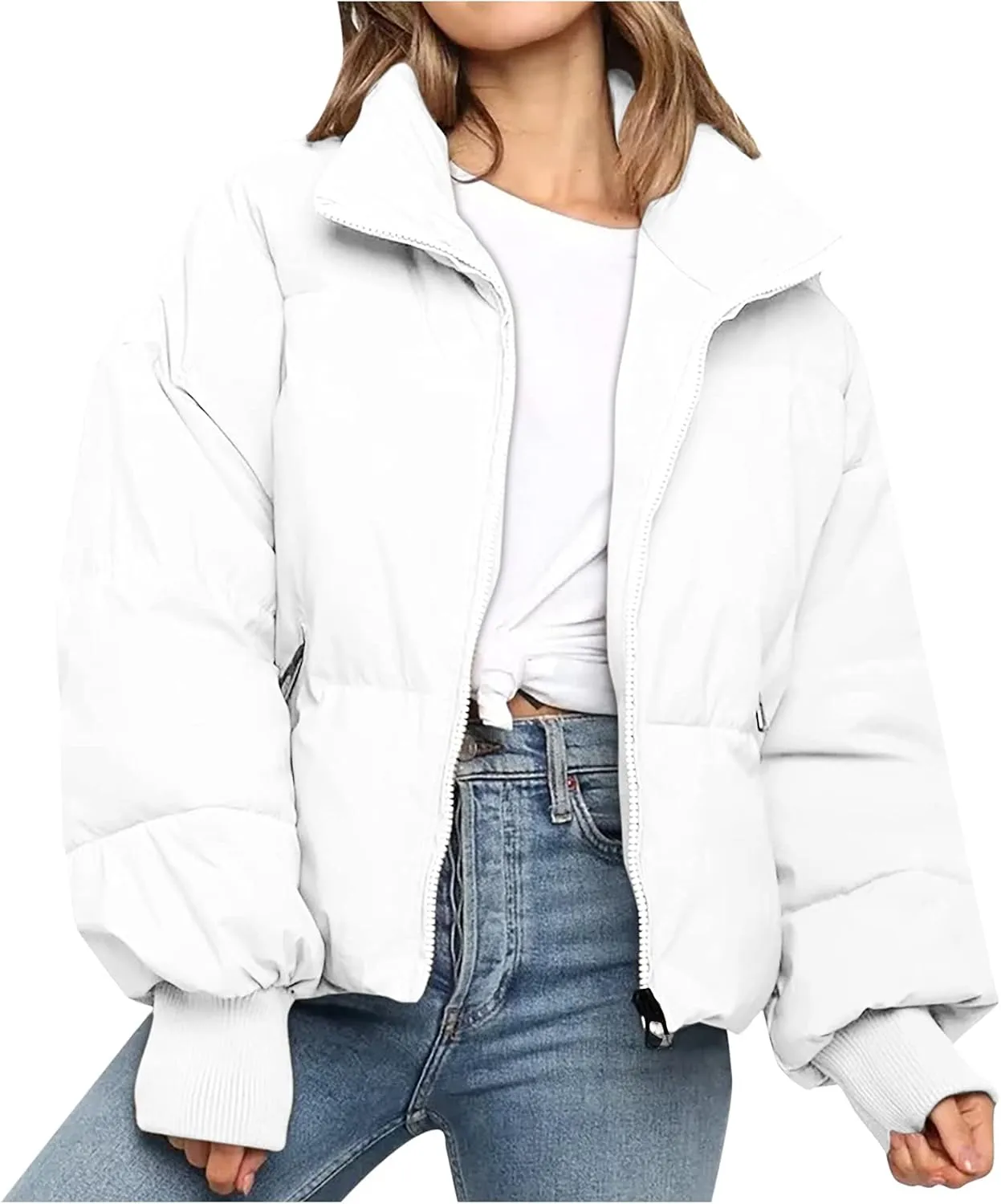 Women's Winter Puffer Long Sleeve Zip Puffer Jacket Baggy Short Down Coats Crop Jackets with Pockets