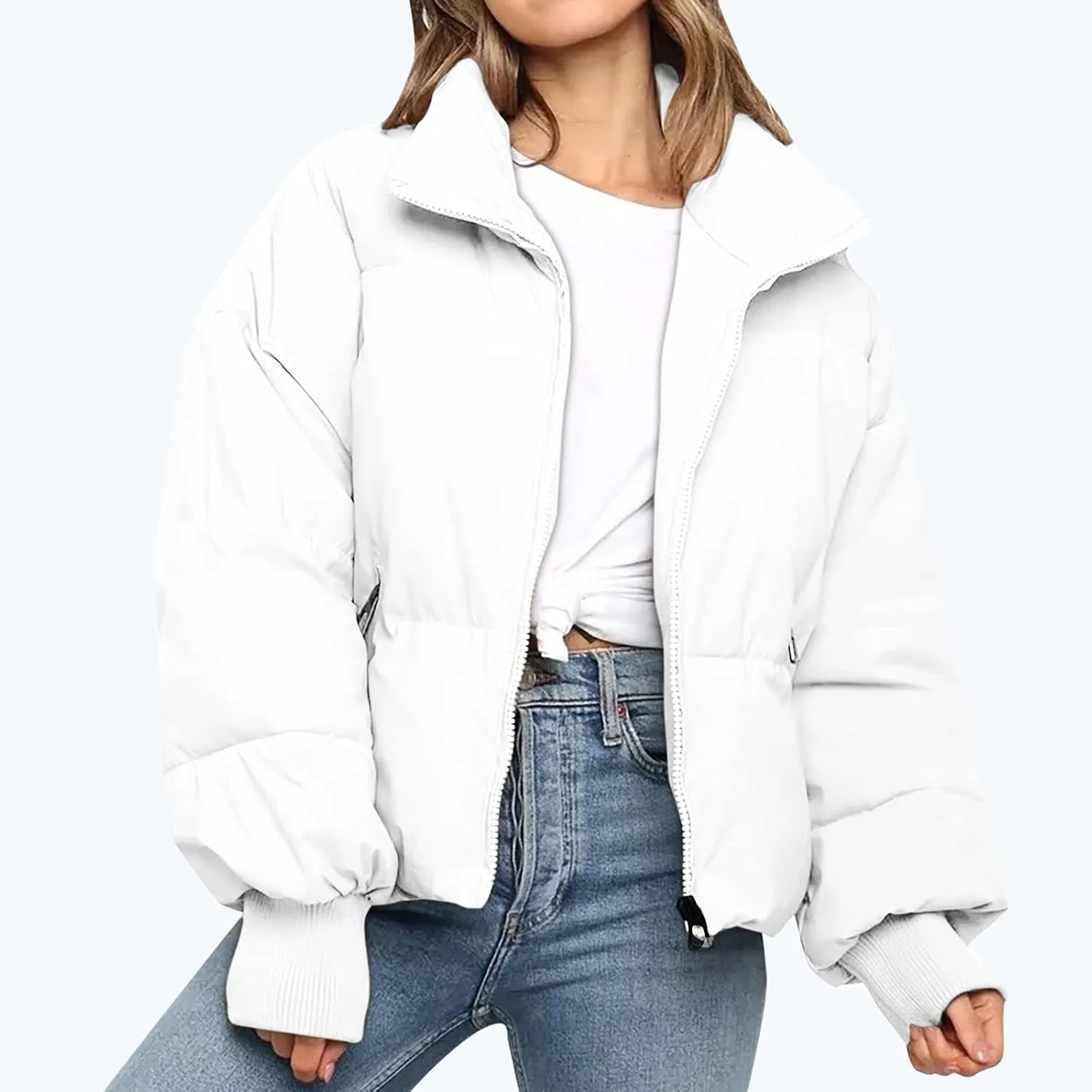 Women's Winter Puffer Long Sleeve Zip Puffer Jacket Baggy Short Down Coats Crop Jackets with Pockets