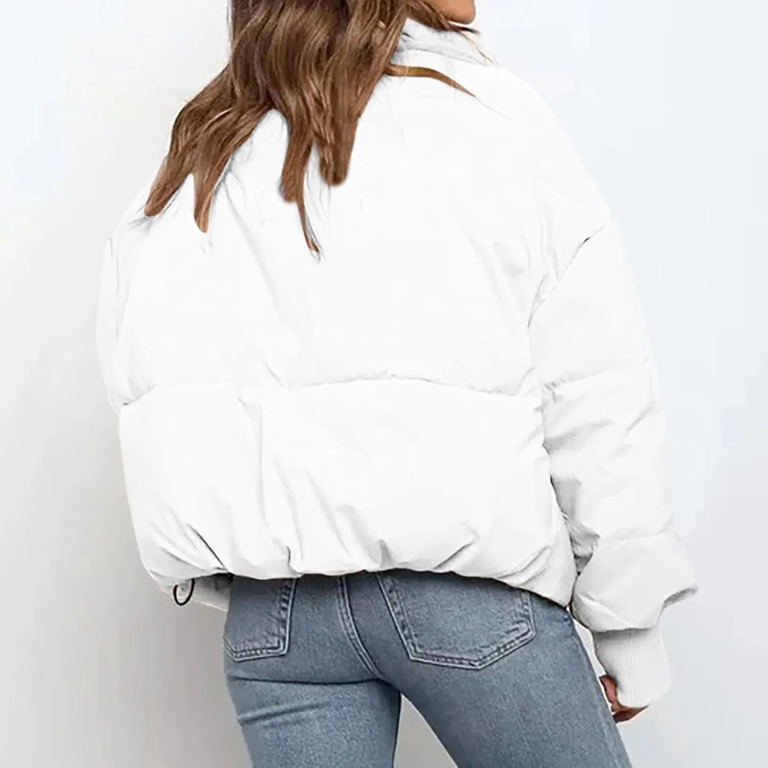 Women's Winter Puffer Long Sleeve Zip Puffer Jacket Baggy Short Down Coats Crop Jackets with Pockets