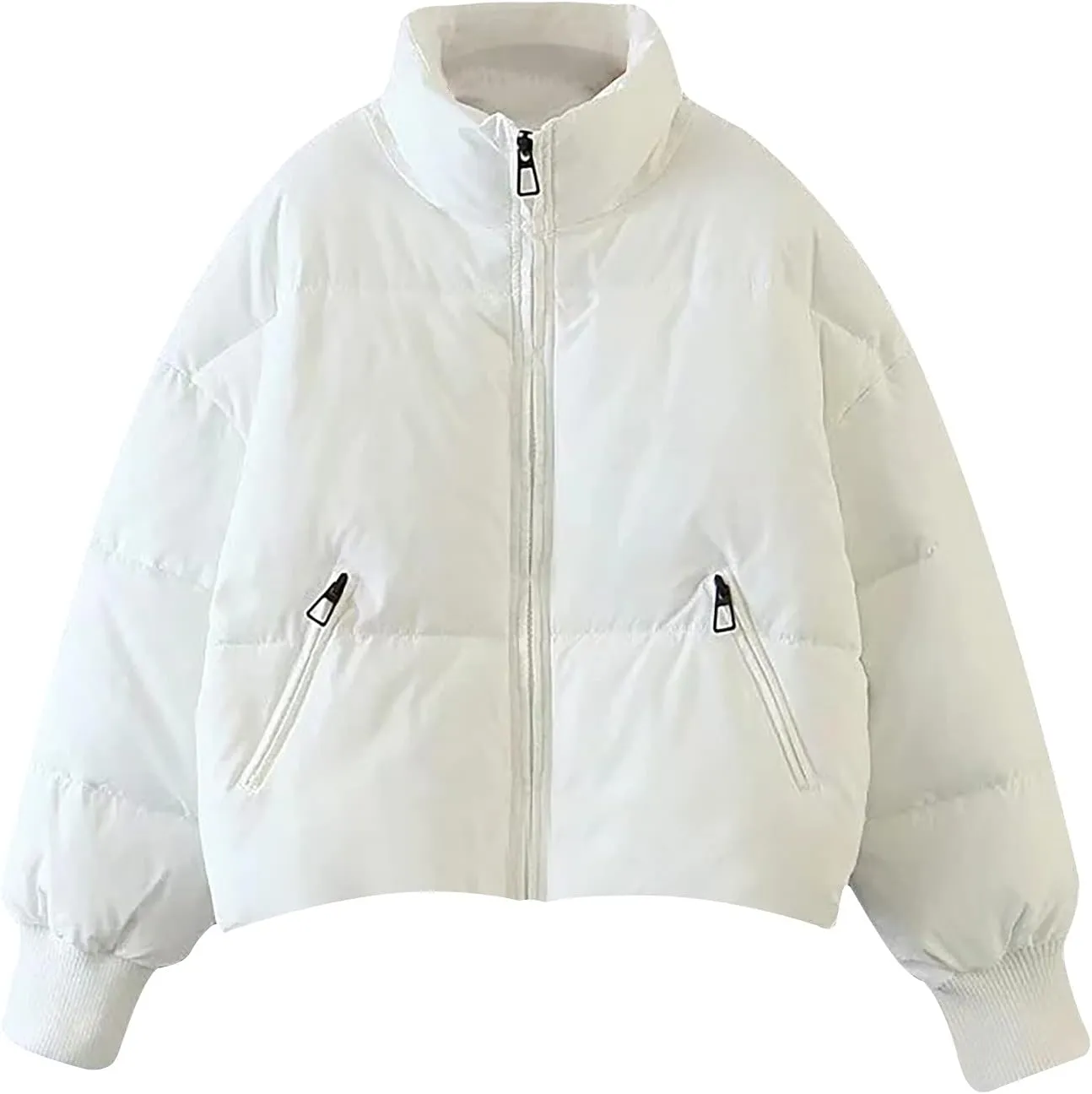 Women's Winter Puffer Long Sleeve Zip Puffer Jacket Baggy Short Down Coats Crop Jackets with Pockets
