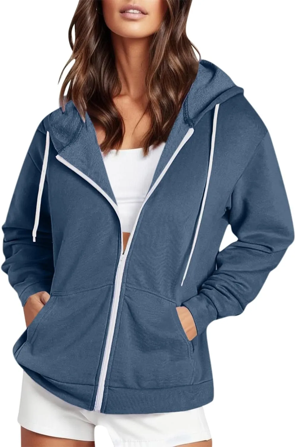 Womens Zip Up Hoodies Solid Long Sleeve Oversized Sweatshirts Fleece Jacket with Pockets