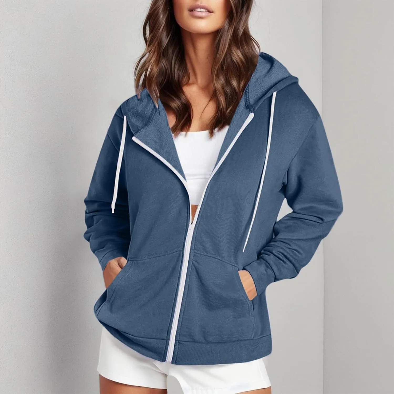 Womens Zip Up Hoodies Solid Long Sleeve Oversized Sweatshirts Fleece Jacket with Pockets