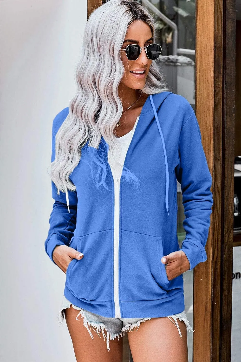 WROLEM Women Casual Full Zip Up Hoodie Comfy Loose Long Sleeve Sweatshirt Solid Color Jacket with Pockets