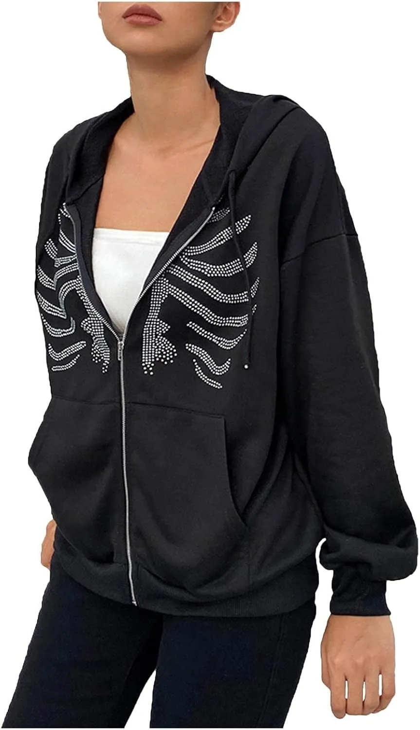 Y2K Hoodies for Women Full Zip Up Print Graphic Oversized Pockets Hooded Jacket 90s Long Sleeve Sweatshirt Coat Streetwear