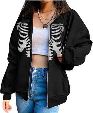 Y2K Hoodies for Women Full Zip Up Print Graphic Oversized Pockets Hooded Jacket 90s Long Sleeve Sweatshirt Coat Streetwear