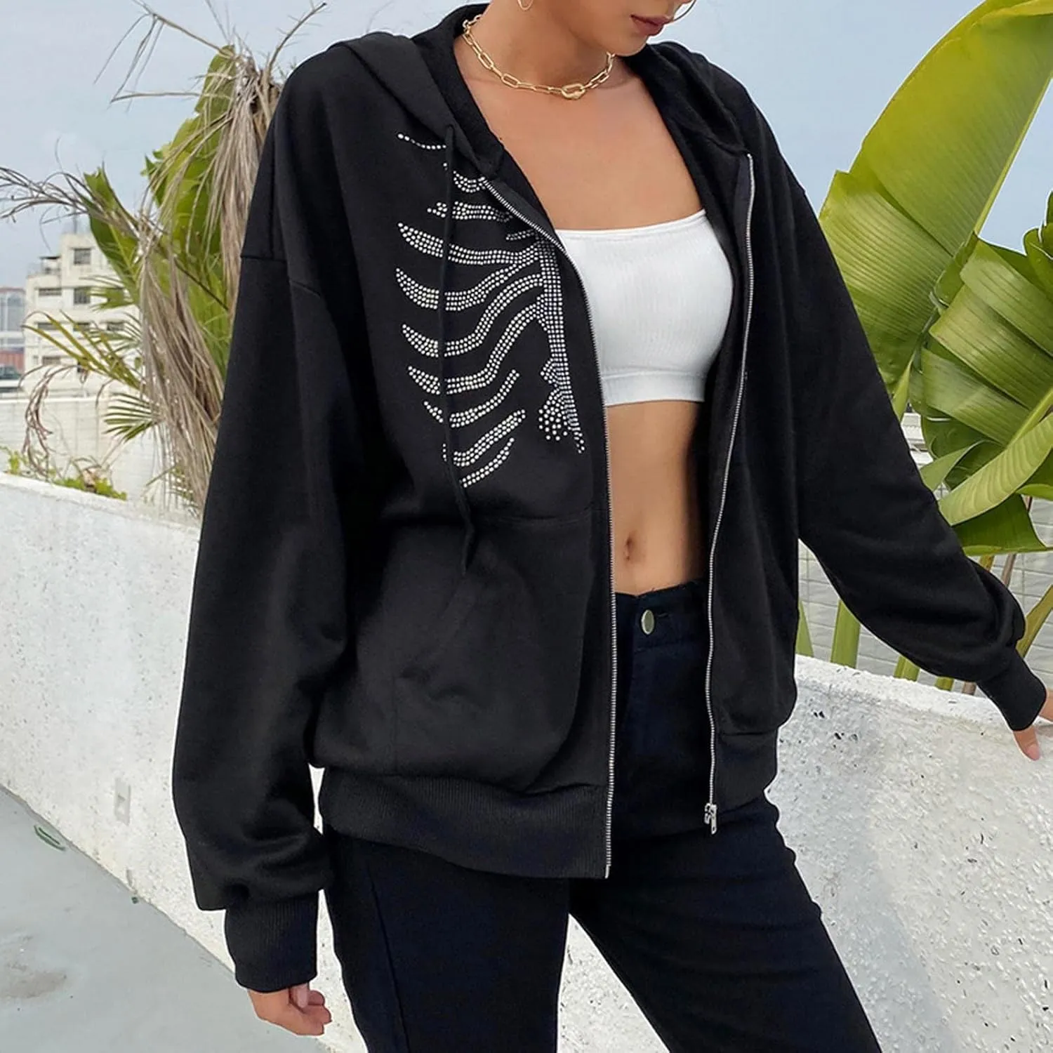 Y2K Hoodies for Women Full Zip Up Print Graphic Oversized Pockets Hooded Jacket 90s Long Sleeve Sweatshirt Coat Streetwear