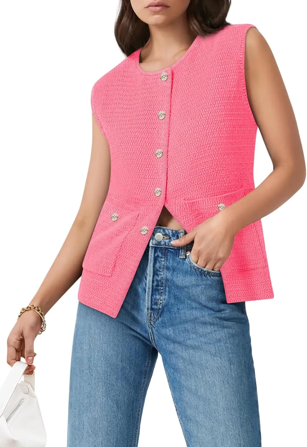 Yousify Womens Sweater Vest Sleeveless Button Down Round Neck Knitted Tank Tops Casual Cardigan for Women