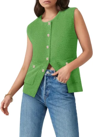 Yousify Womens Sweater Vest Sleeveless Button Down Round Neck Knitted Tank Tops Casual Cardigan for Women