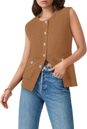 Yousify Womens Sweater Vest Sleeveless Button Down Round Neck Knitted Tank Tops Casual Cardigan for Women