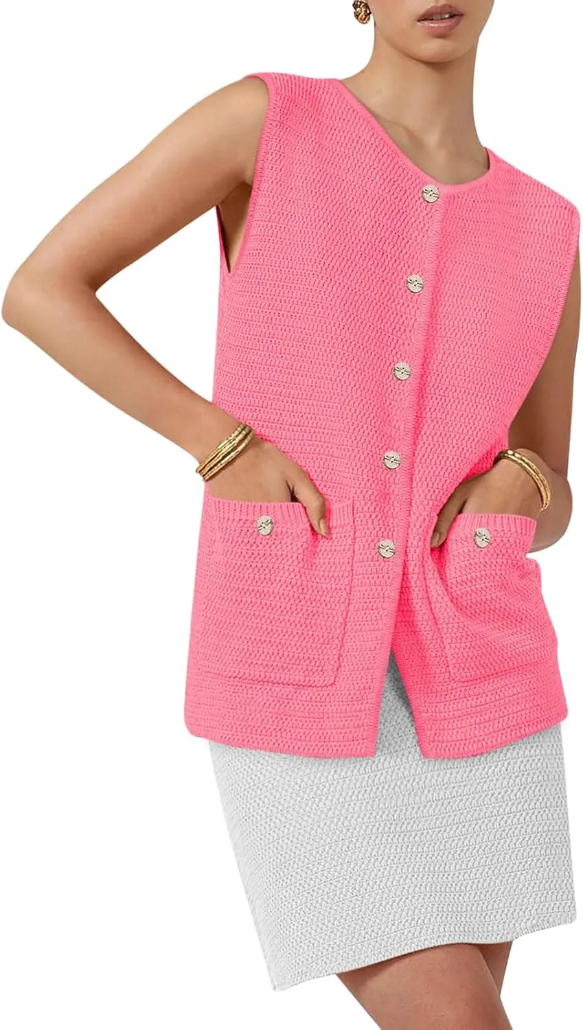 Yousify Womens Sweater Vest Sleeveless Button Down Round Neck Knitted Tank Tops Casual Cardigan for Women