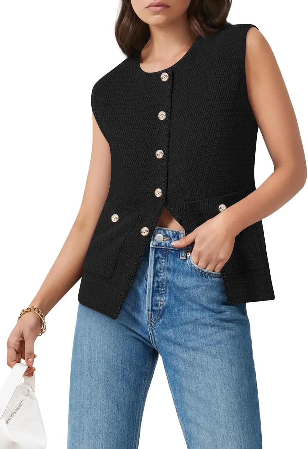 Yousify Womens Sweater Vest Sleeveless Button Down Round Neck Knitted Tank Tops Casual Cardigan for Women