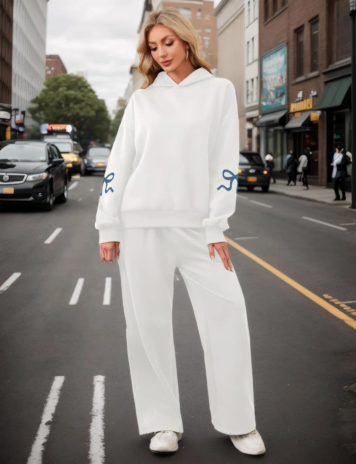Ythomm Womens 2 Piece Outfits Lounge Bow Graphic Oversized Hoodies Sets Baggy Wide Leg Sweatpants Sweatsuit Fall Tracksuits